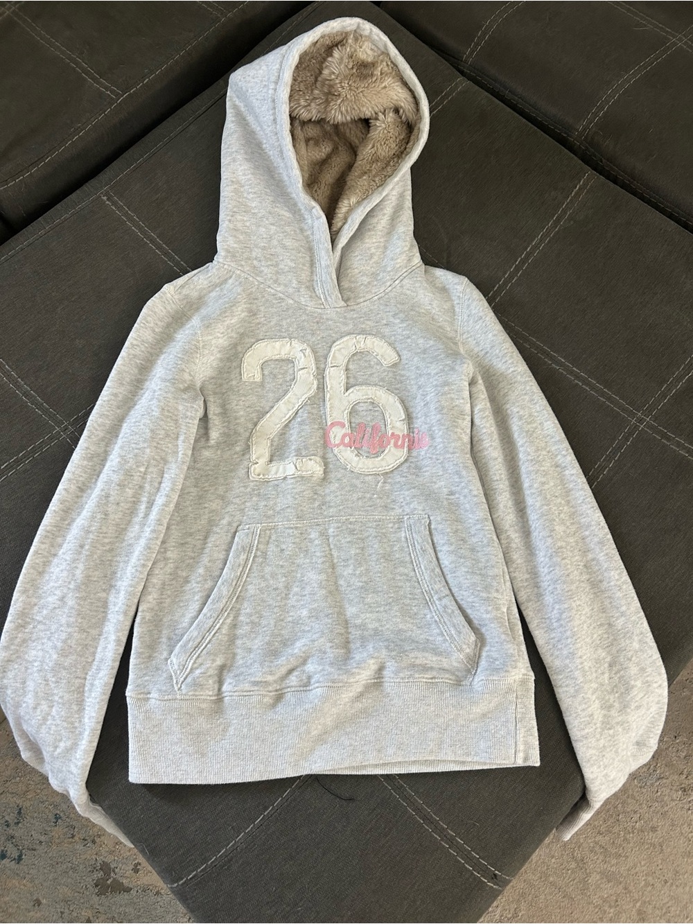 Hollister Light Gray Hooded Fleece Pullover with Sherpa Lining